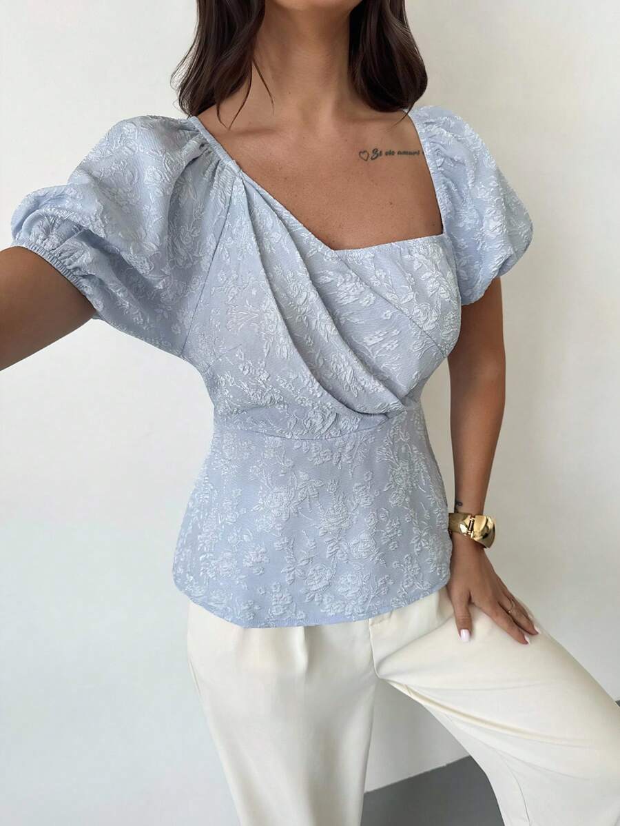 Firerie Women's Elegant Vacation Beach Graduation Daily Casual Blue Jacquard Textured Fabric Asymmetric Collar Design Puff Sleeve Cinched Waist Blouse, Suitable For Office, Airport, Travel, Going Out - Blue - View 1