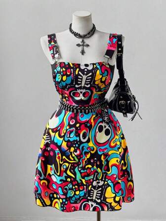 Sunspun Plus Size Colorful Skull Print Suspender Dress