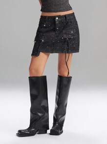 LYSMO Summer Ladies Dark Grey Mini Cargo Denim Skirt With Colored Rhinestones, For Night Out, Street Wear Y2k, Cute Western Elegant Wedding Guest - Multicolor - View 5