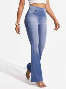SHEIN Unity Women High Waisted Pocket Flare Casual Versatile Denim Jeans - Light Wash - View 5