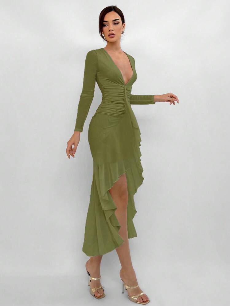 Aloruh فستان طويل أنيق مبطن في الخصر مع طية حافة متدلية وقصة عميقة V للنساء - أخضر عسكري - مشاهدة 1