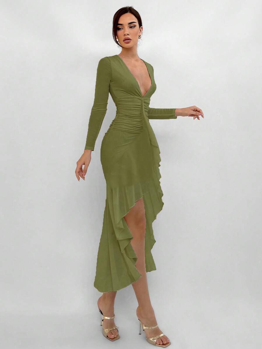 Aloruh Đầm dài thanh lịch ôm vừa vặn cổ chữ V sâu cho nữ, viền nhún eo - xanh quân đội - Xem 1