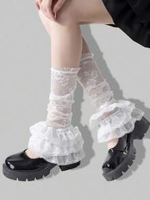 ROMWE Kawaii Quần tất giữ ấm chân ren trơn màu thanh lịch thời trang dành cho nữ - trắng - Xem 1