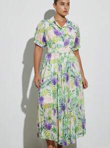 Aveloria Modichic Plus Size New Chiffon Flower Print Puff Sleeve Pleated Ruffle Hem Mini Dress, Fresh Style, Spring/Summer