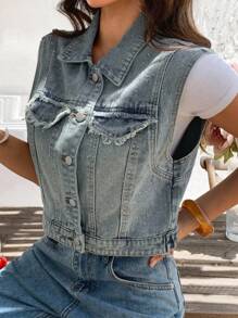 Livesso Women's Sleeveless Short Distressed Denim Jacket With Rhinestones - Blue - View 6