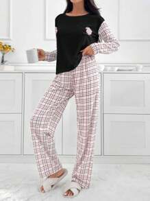 SHEIN Cottnline 2件套棉质格子衬衫和格子图案休闲裤家居服套装 - 黑色 - 查看 6