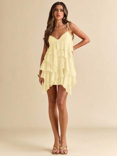 SHEIN BAE Summer Seaside Vacation Solid Light Pink Holiday Dress Lotus Leaf Chiffon Cake Dress Suspender Dress Music Festival Clothing Country Music Festival Clothing Concert Clothing Back To School Clothing Wedding Bridesmaid Clothing