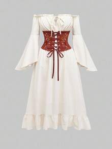 ROMWE Hippie Vestido vintage renacentista con hombros descubiertos, tirantes con lazo, bajo asimétrico para mujeres con cinturón desmontable - Beis - Ver 1