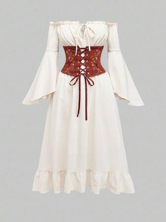 Hippie Off Shoulder Tie Strap Asymmetrical Hem Renaissance Vintage Dress For Women With Detachable Belt