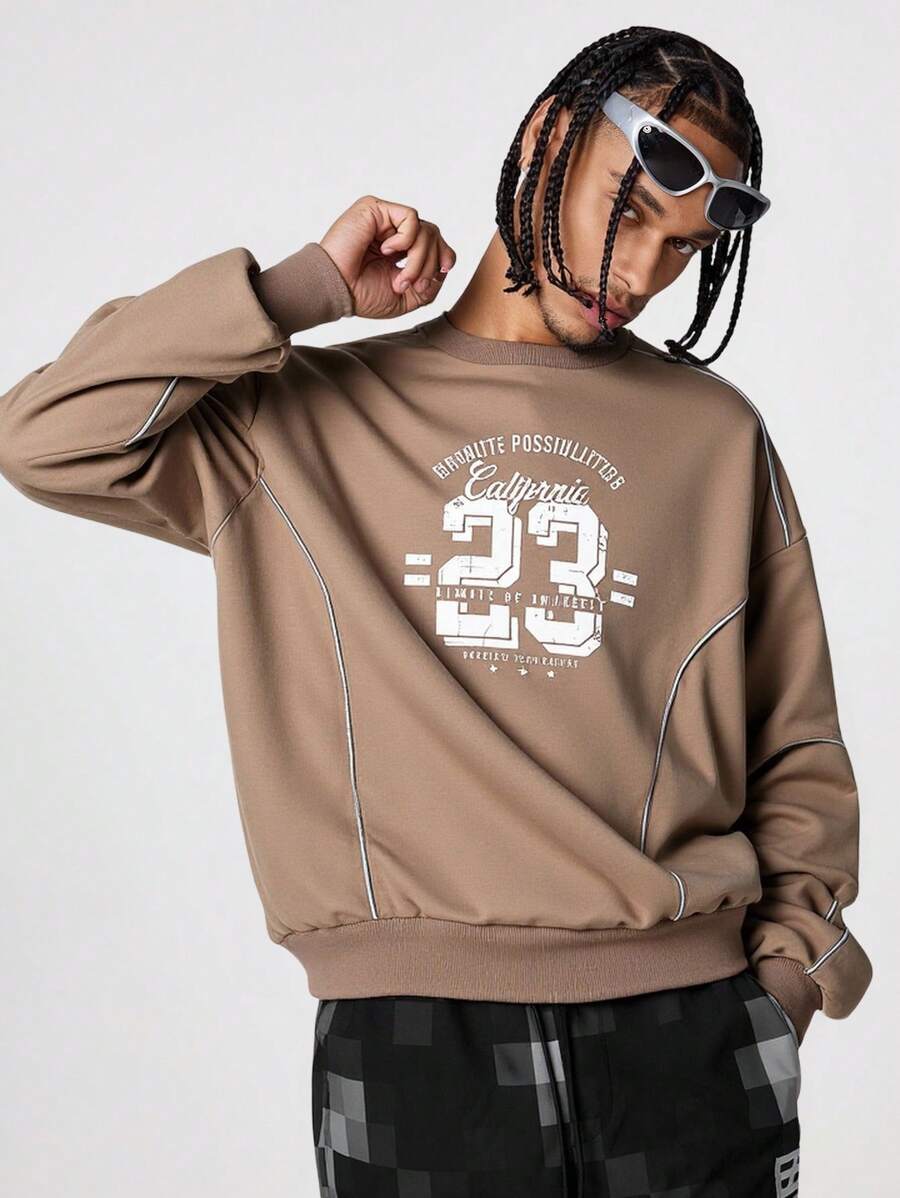 AXEPEAK Men's Loose Fit Round Neck English Letter Print Long Sleeve Pullover Sweatshirt, For Fall Winter - Coffee Brown - View 1