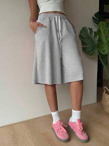 Muchica 浅灰色休闲松紧腰抽绳大码女式夏季短裤，女式运动短裤 - 淺灰色 - 查看 4