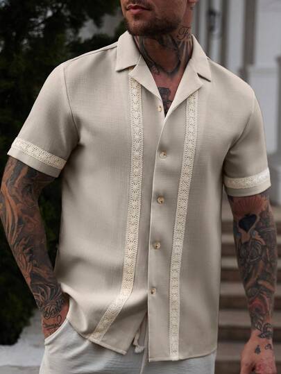 Manfinity Homme Camisa casual de verano para hombres de manga corta con botones delanteros y correa