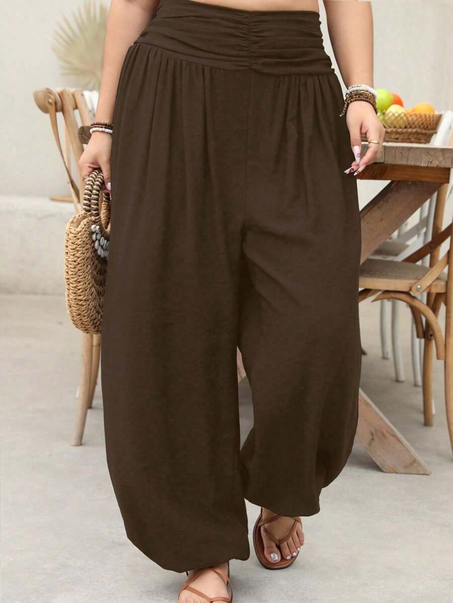 Linhara 大码女式纯色腰部褶皱宽松休闲裤