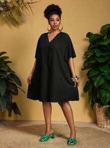 Slaydiva Đầm sơ mi tay ngắn bằng chiffon thanh lịch mới dành cho nữ, kiểu dáng thường ngày/công sở, cổ chữ V, tay bồng dáng rộng, dáng midi, đầm thun cỡ lớn, đầm đi nghỉ mát cỡ lớn, đầm đen cỡ lớn, đầm đen cổ chữ V. - màu đen - Xem 9