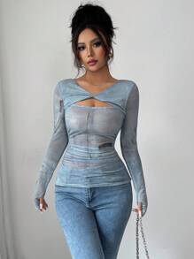 Modelyn Women's Blue Digital Print Mesh Twist Front Long Sleeve Top - Dusty Blue - View 6