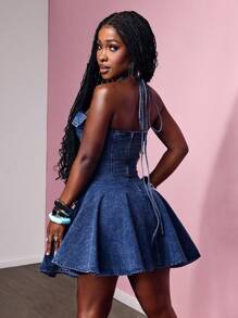 Slaydiva 女士荷叶边下摆牛仔迷你连衣裙 - 藍色 - 查看 2
