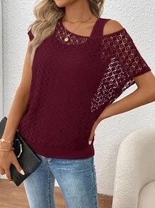 SHEIN LUNE Women's Lace Patchwork Mock-Layer Oblique Shoulder Blouse - Burgundy - View 4