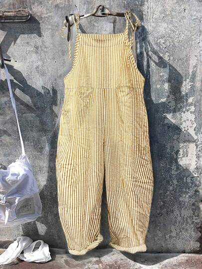 EMERY ROSE Plus Size Women's Striped Woven Belted Strap Jumpsuit, For Spring & Summer Striped Jumpsuit Women Yellow Striped Jumpsuit Summer Jumpsuit Jumpsuit Women Overalls