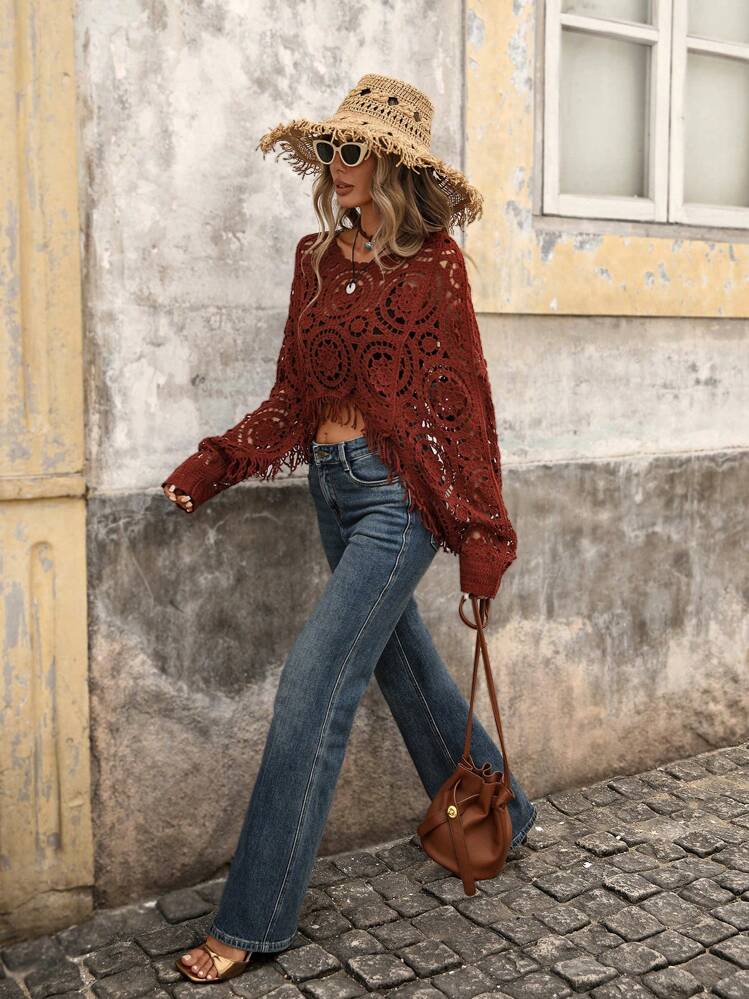 Brillora Suéter floral de mujer con flecos calados para vacaciones - Óxido marrón - Añade 8