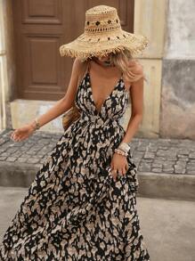 Brillora Allover Print Criss Cross Backless Cami Dress Maxi Dresses