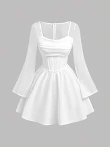 SHEIN Girlism Tween Girls' Casual Minimalist Comfortable Square Neck Cinched Waist A-Line Midi Dress Fall Winter - White - View 1