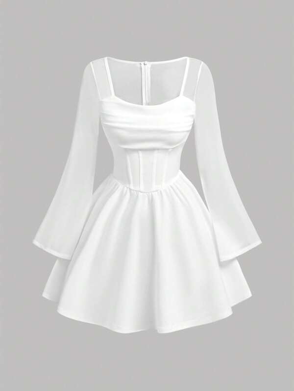 SHEIN Girlism Vestito a-line midi casual e minimalista con vita stringata e scollo quadrato per ragazze adolescenti