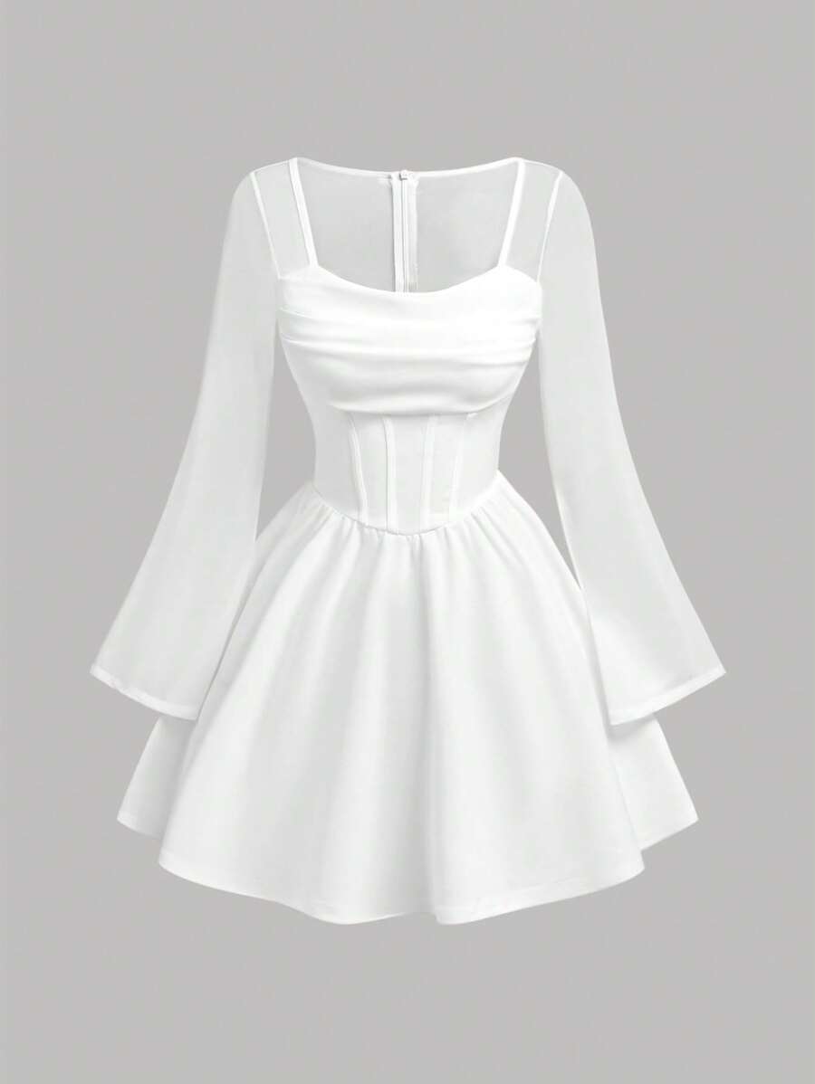SHEIN Girlism Tween Girls' Casual Minimalist Comfortable Square Neck Cinched Waist A-Line Midi Dress Fall Winter - White - View 1