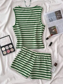 少女 2 件套：条纹圆领吊带背心和短裤休闲套装；拼色不对称领口简约日常连体泳衣，适合暑假、度假、居家、休闲、少女