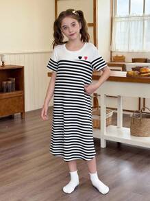 SHEIN 休闲经典条纹柔软舒适女孩/青少年睡衣睡袍，可作为外套穿着