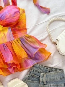 Soleia 女式渐变扎染印花雪纺肩带衬衫，蝴蝶结装饰，荷叶边下摆，适合度假穿着 - 彩色 - 查看 5