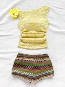 Soleia Spring Summer Casual Holiday Western Beach Wedding Guest Outfit Graduation Brunch Attire St Patrick's Day Spring Break Easter Music Festival Bohemian Tropical Elegant Floral Embellished Halter Neck Tank Top And Colorful Striped Shorts 2Pcs Set Summer Two Piece Set Summer Outfit Set For Women Summer Skirt And Top Set Beach Skirt Set Crochet Two Piece Set - Multicolor - View 7