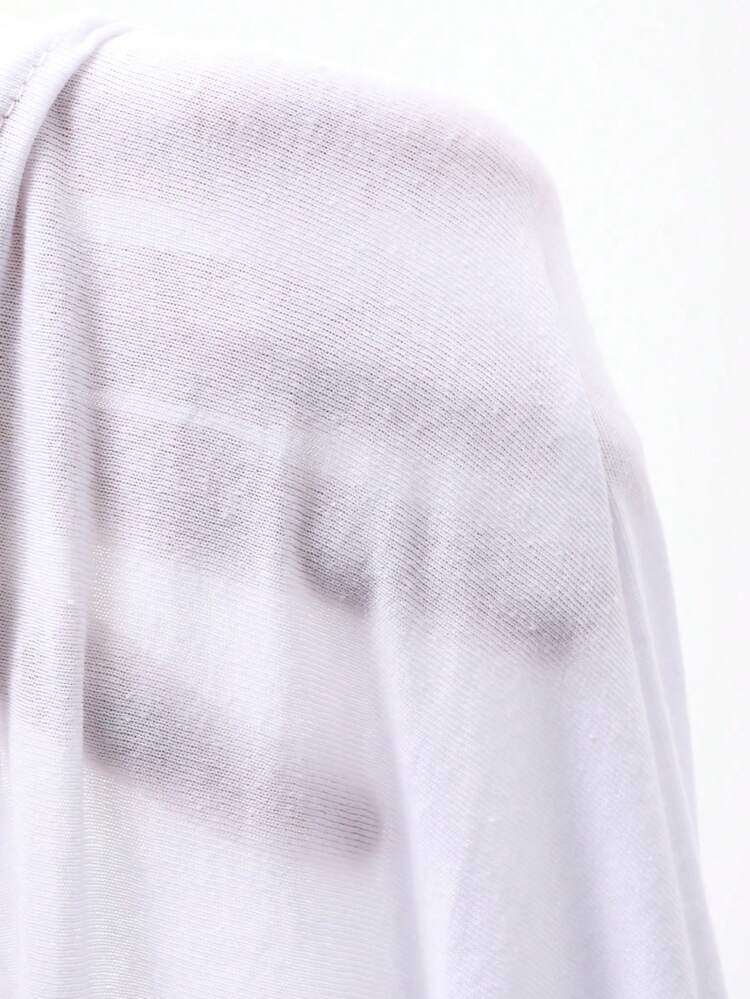 Letter Printed V-Neck Long Sleeve Drop Shoulder T-Shirt Sheer,Fall Women Clothes