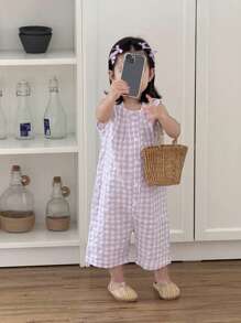 SHEIN Baby Girls' Summer Fantasy Pick Sleeveless Light Purple & White Plaid Jumpsuit, Soft And Sweet Lavender Tone, Fresh Pastoral Style, Classic Plaid Pattern Adds Playful Charm, Slim Fit Silhouette Highlights Adorable Cuteness. Suitable For Outdoor Play, Photo Shoot, Carefree Indoor Activities, Outdoor Sports, And Joyful Parties, Turning Your Little One Into A Fashionable Sweetheart. - Multicolor - View 1