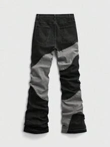 ROMWE MEN Street Life Quần jeans nam tuổi teen có túi và cúc, phối màu tương phản, kiểu dáng thường ngày. - màu đen - Xem 2