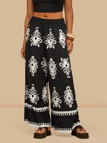SHEIN VCAY Plus Size Women Print, Black Apricot, Summer Vacation Boho Pants Wide Leg Pants Pants Women Wide Leg Pants Printed Wide Leg Pants,Vacation Vacay Beach Holiday Summer City Break, Boho Chic Boho Style, European Summer Island Vacation Honeymoon Travel Airport Going Out, Country Country Concert Old Money, Miami South Beach