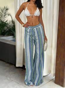 SHEIN Tall 女式高腰条纹棉麻裤，休闲海滩度假装，波西米亚风格，及踝长阔腿裤，夏季优雅自然 - 随机印花秋季女装返校 - 彩色 - 查看 5