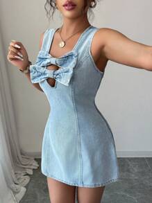 Elenzga Fashion V-Neck Bowknot Washed Denim Dress - Light Wash - View 6