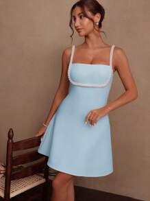 Savoree White Pearl Embellished Spaghetti Strap Bodycon Dress, Elegant Minimalist Luxury Design For Summer, Beach, Festival, Holiday, Sexy, Party, Gathering - Light Wash - View 3