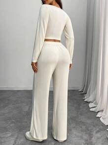 INAWLY 2pcs Women Casual Knit Jacquard Textured Crew Neck Long Sleeve Cropped Top And High Waisted Straight Leg Pants Set Fall Cloth For Women - Apricot - View 2