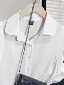 INAWLY Women's Fashionable Solid Color Collared Ruffle Sleeve Button Up Shirt - White - View 3