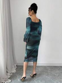 Rafferiza Women's Leopard Print Long Sleeve Mesh Long Dress, Casual Commuter, Graduation Outfit Fall Cloth For Women