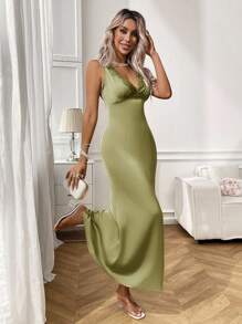 Chiquease Women's Elegant Satin Lace Patchwork Romantic Mid-Length Dress Summer Dress Clothes For University - Green - View 3