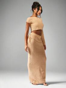 MISSGUIDED Conjunto de saia longa assimétrica de malha de manga comprida, roupa de dormir de inverno e outono, suéter canelado drapeado, roupa de duas peças - Caqui - Ver 3
