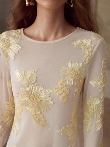 MOTF PREMIUM WOMEN EMBROIDERED ELASTIC MESH SLIM FIT FLARED SLEEVE T-SHIRT - Apricot - View 2