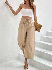 SHEIN Frenchy 女士休闲纯色宽松长裤 - 杏色 - 查看 5