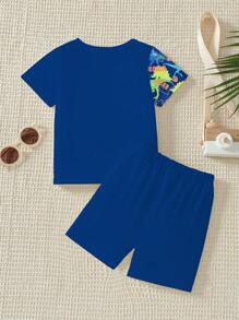 2pcs Young Boy Dinosaur Patchwork Print Short Sleeve T-Shirt And Shorts Set, Summer Outfit
