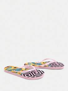 Grefit 女士黑色花卉印花平底沙滩拖鞋，户外休闲度假花卉图案人字拖 - 淺粉色 - 查看 3