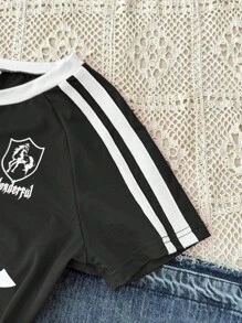 少女红色修身圆领撞色边 T 恤、街舞、赛车标志字母图案 T 恤、黑色运动服图案 T 恤 - 黑色 - 查看 5