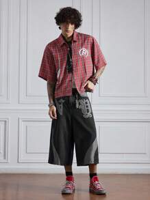 ROMWE MEN Street Life Men's Letter Graphic Pocket Contrast Color Wide Leg Capri Jeans - Black - View 7