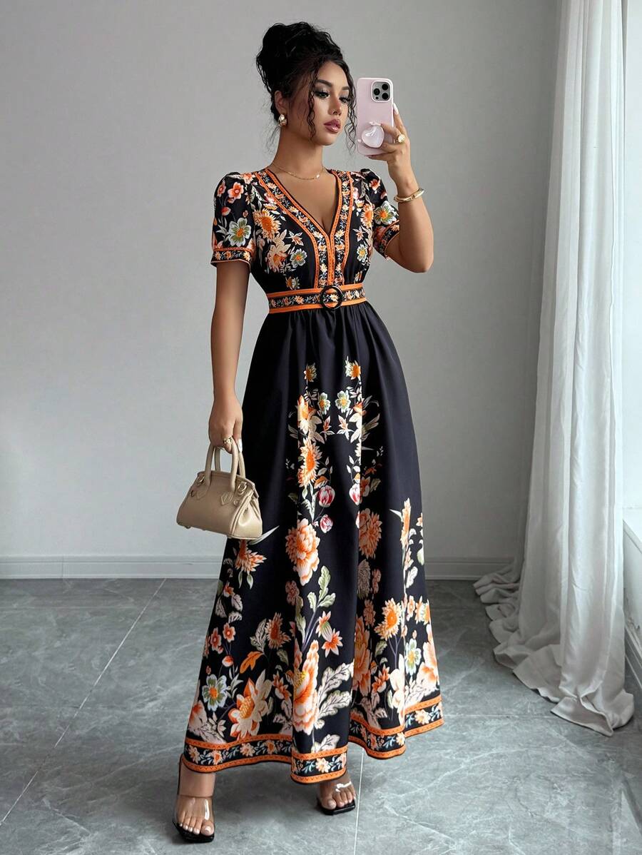 Selianne 女士优雅花卉印花连衣裙，夏季 - 彩色 - 查看 1